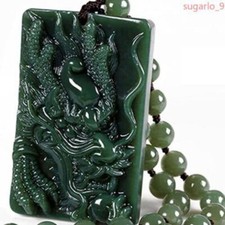 Chinese Natural Hetian Green Jade Dragon Pendant Necklace Jewelry Luck Amulet