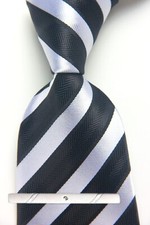 New Classic Striped Black Silver JACQUARD WOVEN 100 Silk Men's Necktie Tie