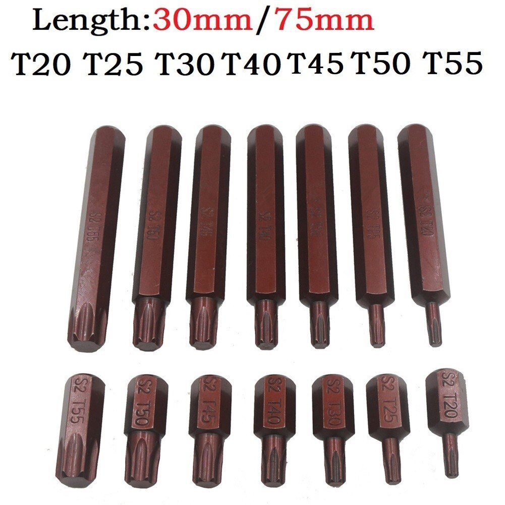 1PC Torx Star Screwdriver Bits Set 30mm & 75mm Hex Shank T20 to T55