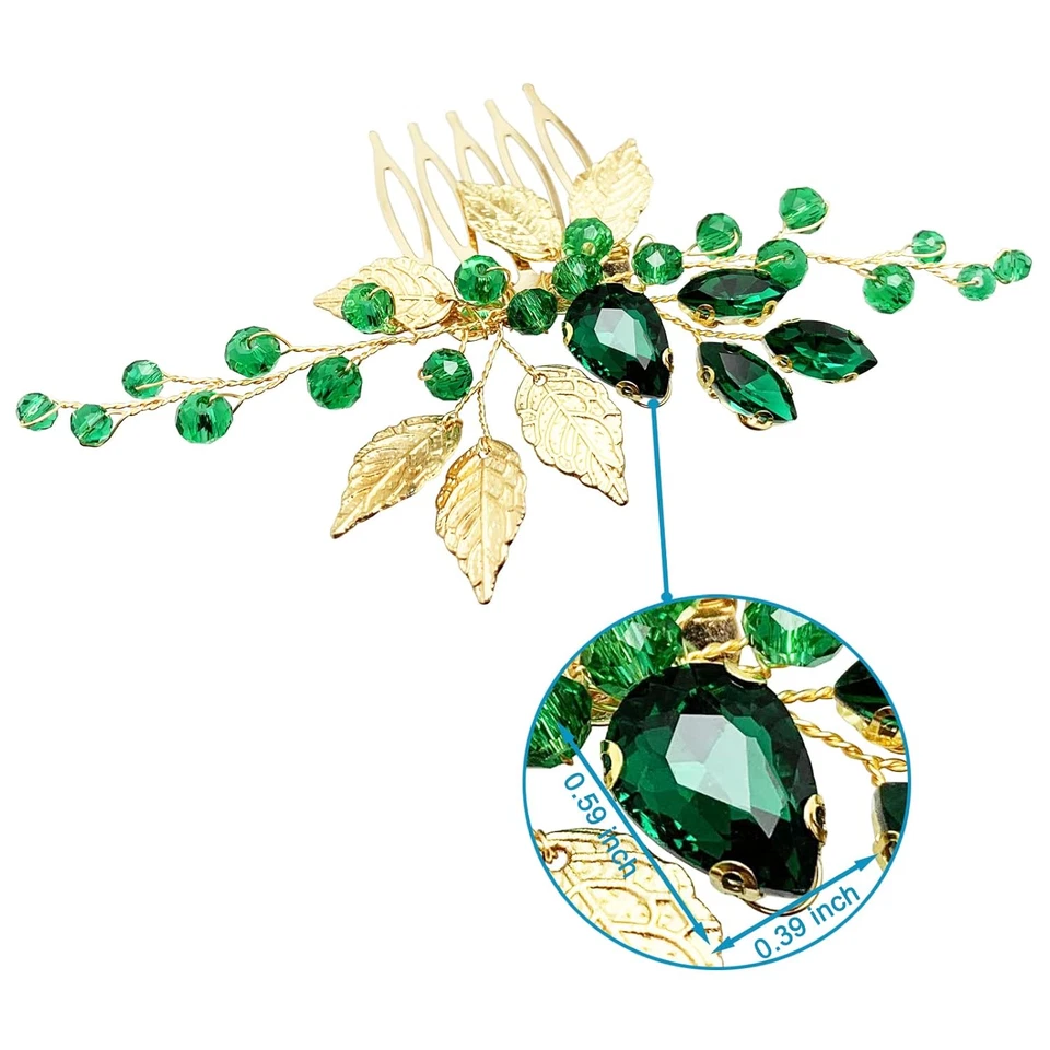 BETITETO Bridal Hair Comb Emerald Green Crystal Gold Leaf Vine Hair Piece Access - Image 4 of 4