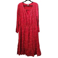Old Navy Red Floral Print Smock Waist Long Sleeve Midi Dress Size XXL Lined NWOT