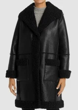 $998 Elie Tahari Women Black Open-Front Faux-Shearling Sherpa-Trim Coat Jacket M