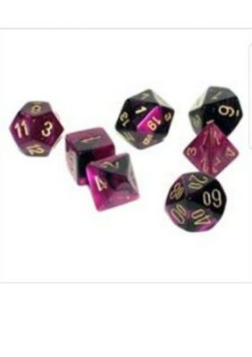 CHESSEX GEMINI DICE - 7 DIE SET Black-Purple with Gold D20 D10 D4..