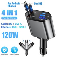 Retractable Car Charger 4 in 1 Fast Car Phone Charger 120W With USB Type C Cable