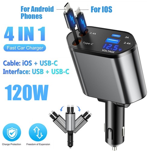 Retractable Car Charger 4 in 1 Fast Car Phone Charger 120W With USB Type C Cable - 第 1/14 張圖片