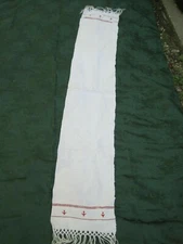 RUSTIC Natural Table Runner W/Fringe&MAROON BANDS/EMBROIDERED DESIGN-11.75"X67"