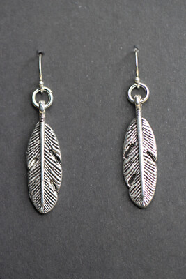 Feather Charm Earrings 925 sterling silver Hooks pewter 2'' Feathers 2-sided