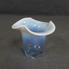 VTG Mid Century Art Glass Blue Opalescent Shallow Vase Ruffled Rim Flower Shaped