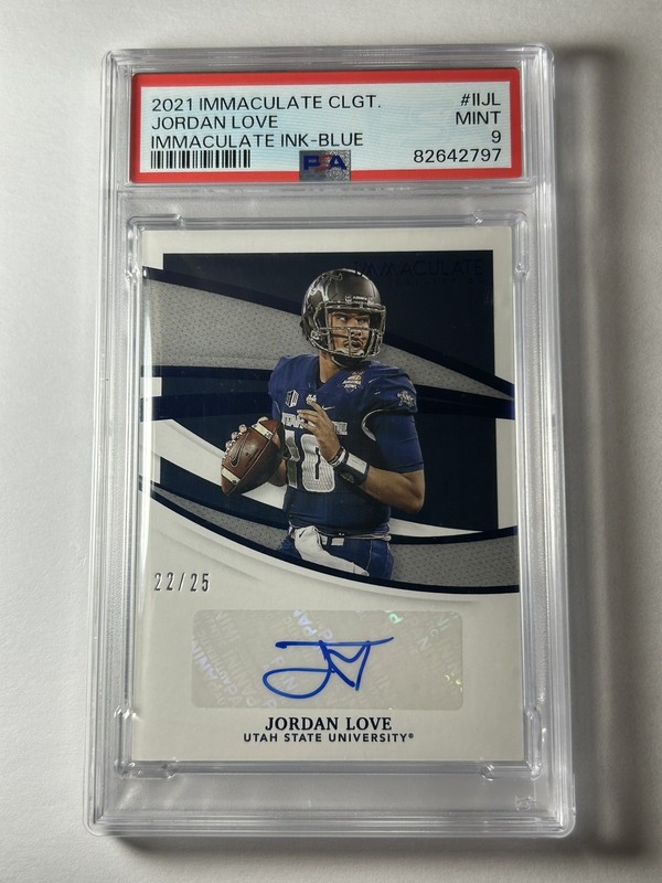 2021 Immaculate Jordan Love Auto /25 Blue Ink PSA 9 Utah State Collegiate Panini