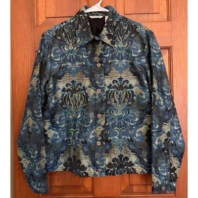 Laura Ashley Brocade Jacket Blazer Womens Medium Teal Tapestry Button Down