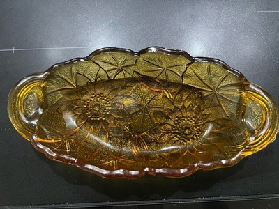 Indiana Glass Dish Lily Pons Amber Oval Pickle Celery Relish #605 Sunflower