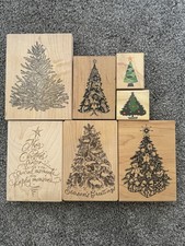Lot of 7 Christmas Tree Wood Mounted Rubber Stamps Various Brands Holiday Winter