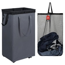 90L XLarge Laundry Basket Removable Wash Bag Wheels Rolling Hamper Grey