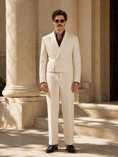 Men Ivory Linen Suit Double Breasted Wedding Groom Summer Beach Formal Suit