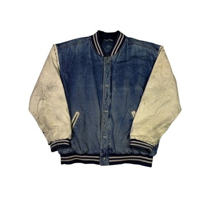 Route 66 Mens Vintage Denim Varsity Jacket Blue Cream Canvas Snap Front Medium