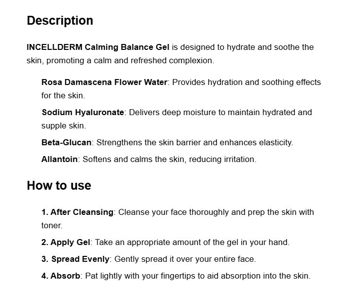 INCELLDERM Calming Balance Gel 100ml Moisturizing Cream Calm