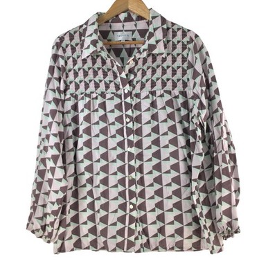 Two-T's Button Up Shirt Womens 14 Multicolour Geometric Long Sleeve Tunic 133788