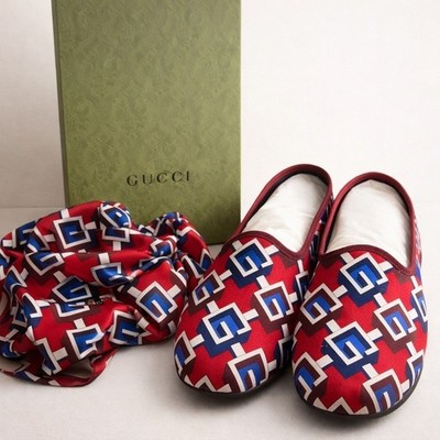 Gucci Voyage Satin Slippers Mens 12 Red Blue GG Geometric  display picture 1