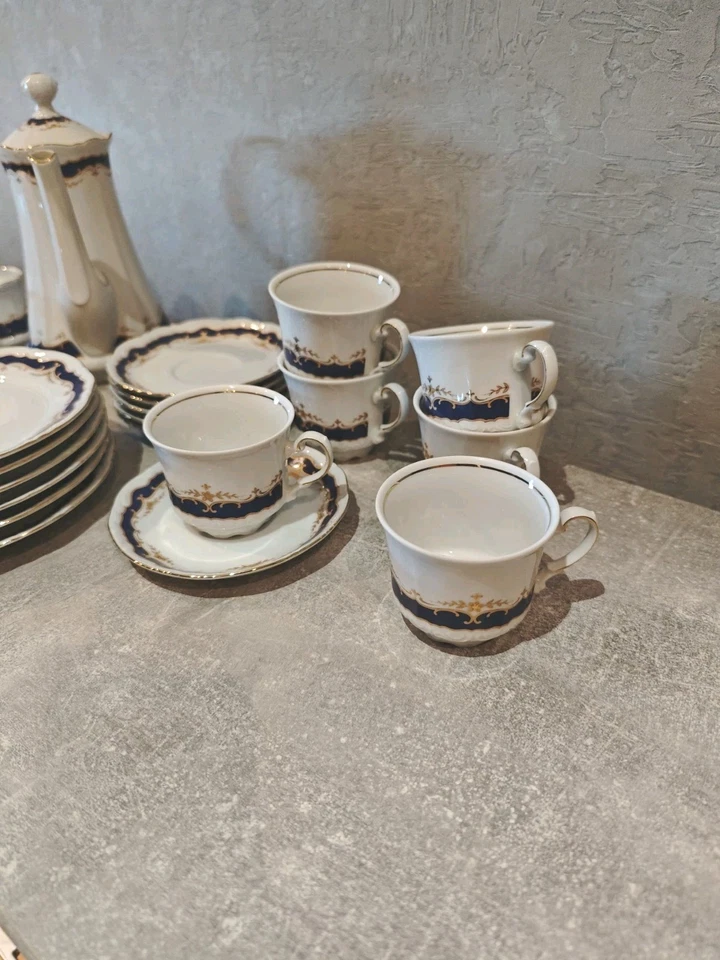 Mitterteich Bavaria Kaffeeservice blau gold 6 Personen Porzellan Kanne Set - Bild 3 von 4