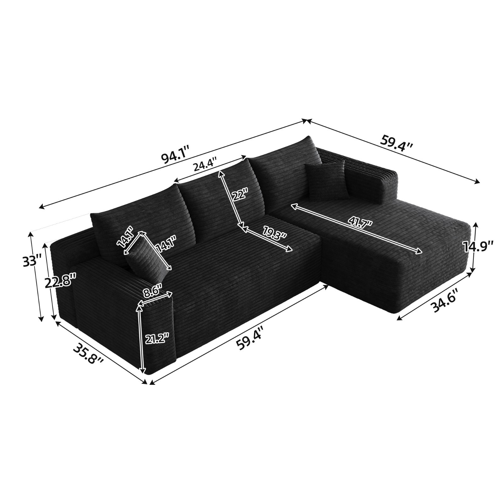 95" Boneless Couch Right Chaise L Shape Sectional Cloud Sofa Set for Living Room alternate view 4