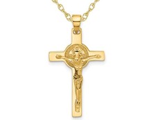 14K Yellow Gold Cross Crucifix and St Benedict Pendant with Chain