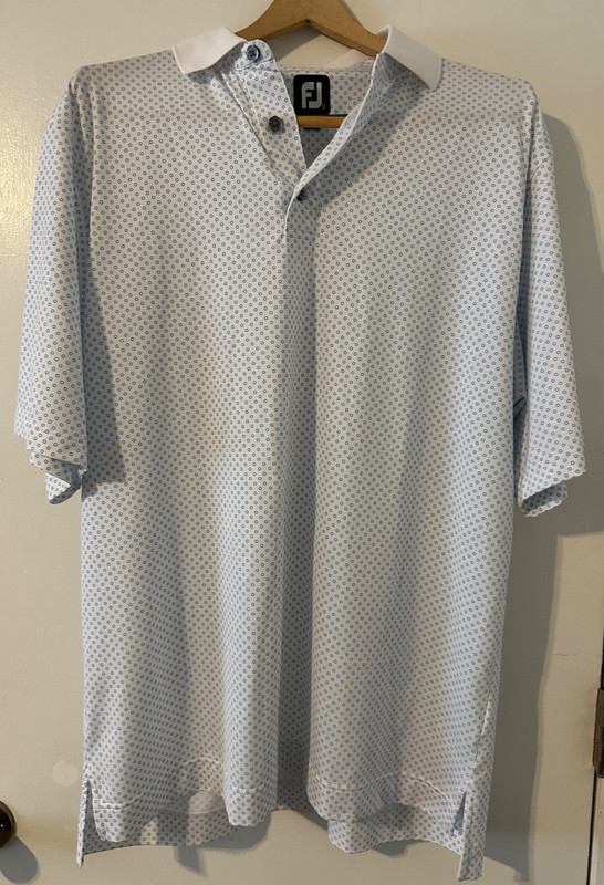 FootJoy Polo Short Sleeve Men's Large Shirt Golf White Blue Polka Dots L