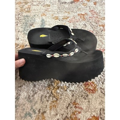 Volatile Black Platform Flip Flops Cowrie Shell Y2K Chunky Wedge Sandals Women 7