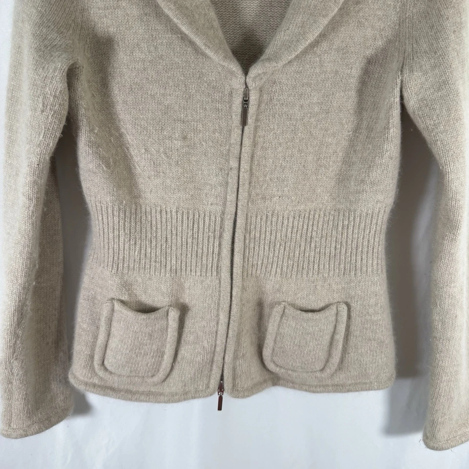 Cardigã feminino Kenar suéter médio creme cabelo de coelho cordeiro gola de lã - Imagem 3 de 4
