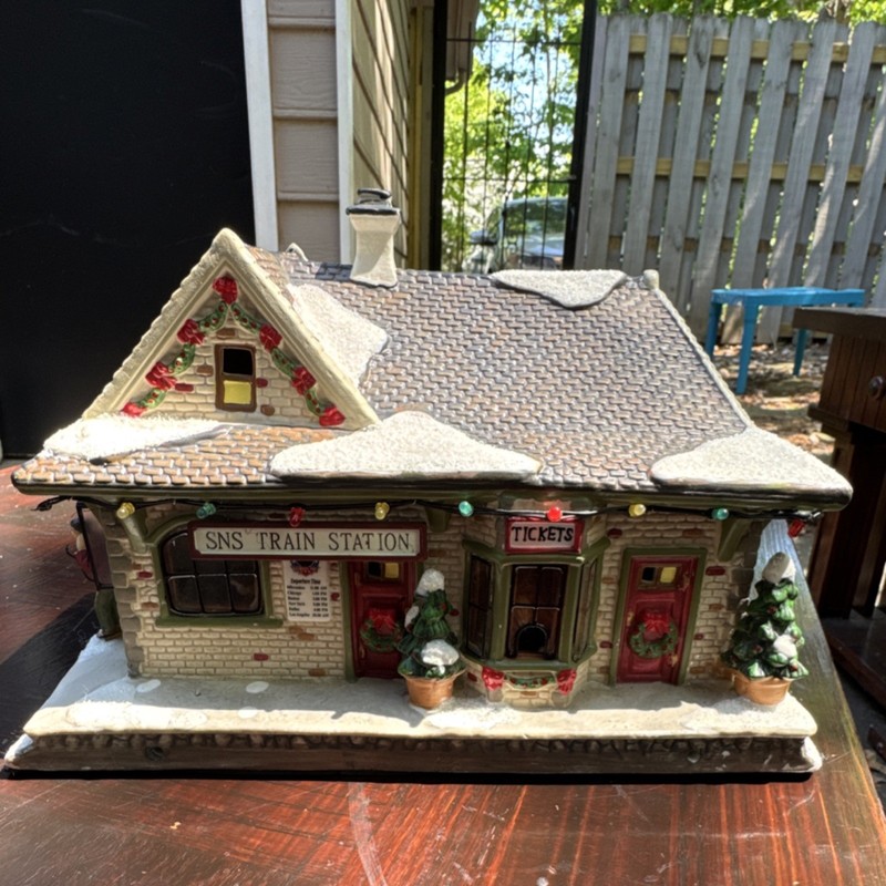 SNS Illuminated Train Station Christmas Village House Ceramic Snow Decor