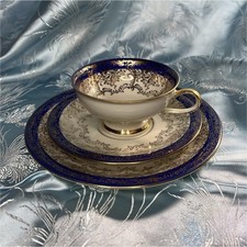 Johann Seltmann Vohenstrau Bavaria Porcelain Blue Gold Cup Saucer Plate Set