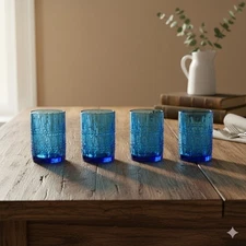 Vintage Blue Glass Juice Glasses Set of 6 Mid Century Retro Blue Barware