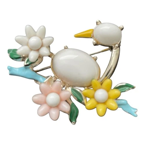 Vintage 1950s Milk Glass Swan Bird Brooch Enamel Flower Pastel Mid Century
