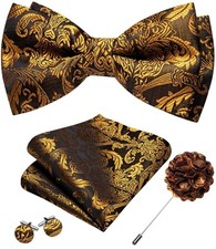 Mens Bow Tie Set Paisley Coloful Pre-tied Bowties Adjustable with Black Gold