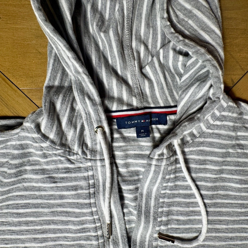 Tommy Hilfiger Med. Hoodie Striped Gray White 90's Long Sleeve Pullover Womens - Image 4 of 4