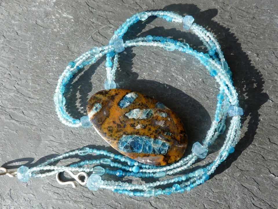 Collana Argento, Opale Blu (Legno Fossile) Africa,Apatite,Acquamarina,Topazio - Immagine 2 di 4
