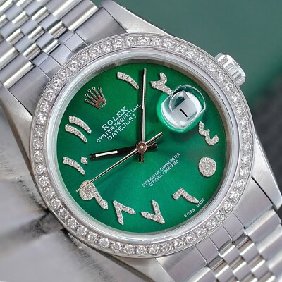 Rolex Datejust Unisex Watch Steel Green Arabic Diamond Dial & Bezel 1.80Ctw 36mm