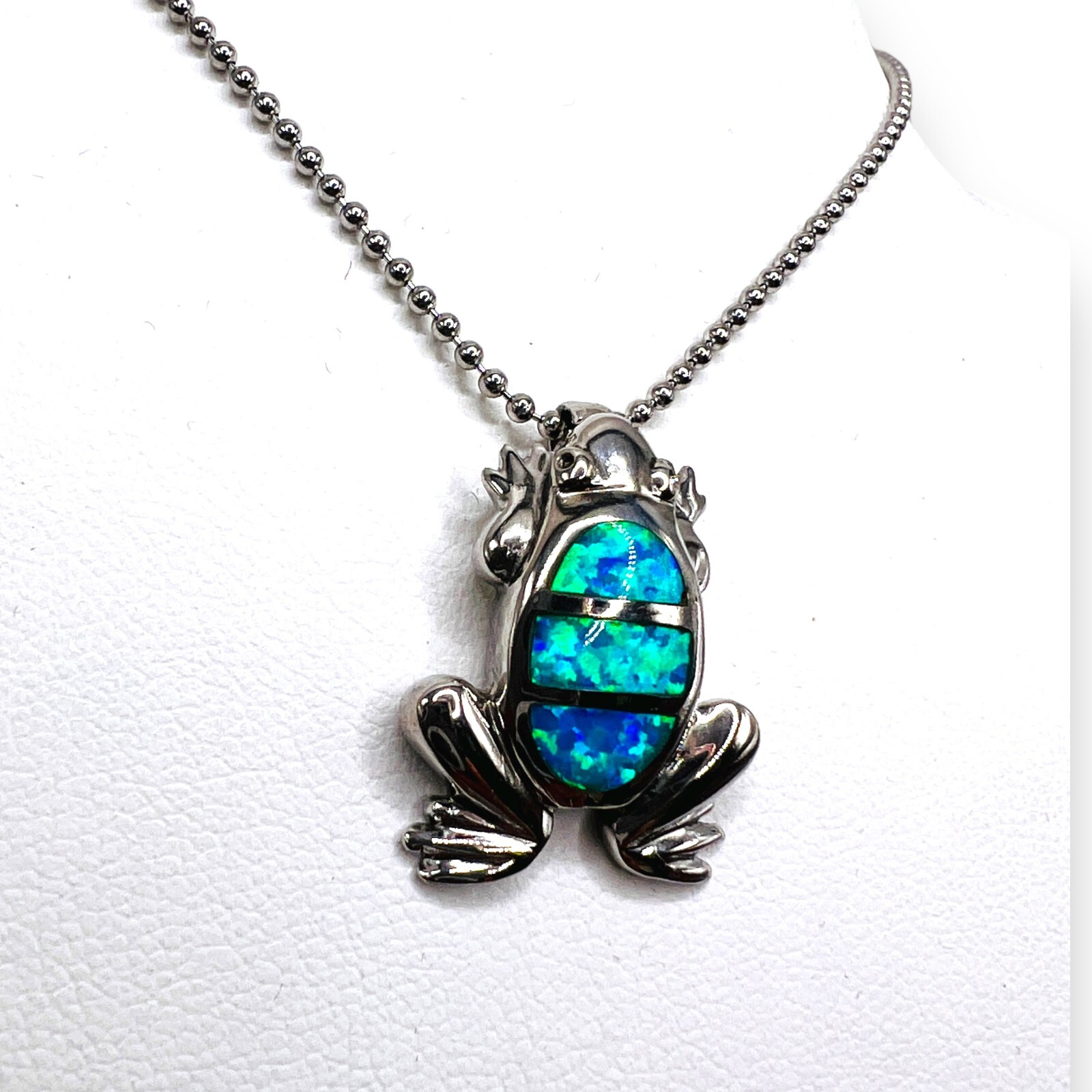 925 Solid Sterling Silver Blue Opal Frog Pendant … - image 9