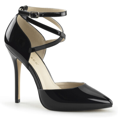 PLEASER AMU25/B Sexy 5'' High Heel Black D'Orsay Pumps Shoes w/ Ankle Strap