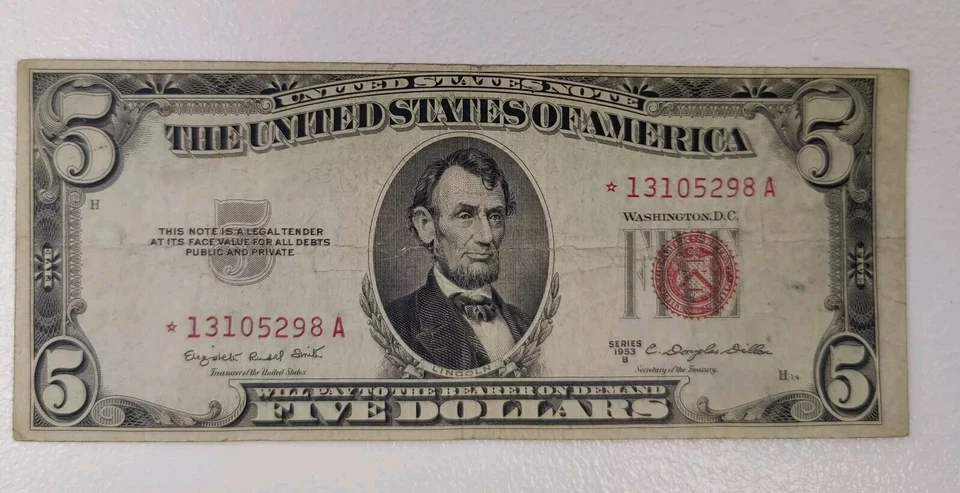 1953 five dollar red seal star note 1957 silver seal one dollar bill 1981 $1 - Image 2 of 4