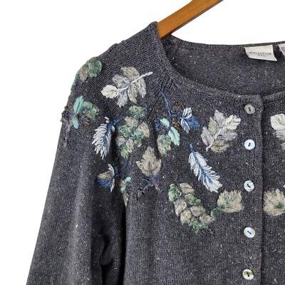 Vintage Plus 18 18W Cardigan Sweater Floral Leaf Embroidered Granny Grey Alt