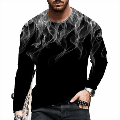 Camiseta Hombre Antiguo Blanco Humo Negro Manga Larga Moda Ropa De Calle Casual