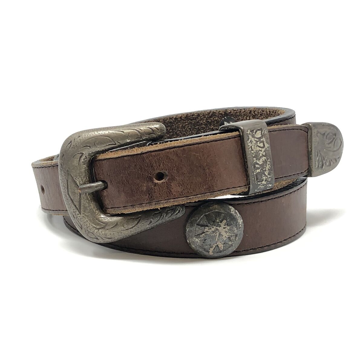 ANOTHER LINE INC Brown Leather Western Belt Metal Medallion ANOTHER LINE INC Brown Leather Western Belt Metal Medallion