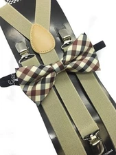 Maroon Plaid Bow Tie & Beige Suspender Matching Set Tuxedo Wedding Accessories 