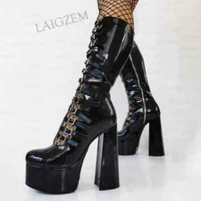 Women Knee High Boots Platform Full Zipper Block Thick High Heels Boots Handmade