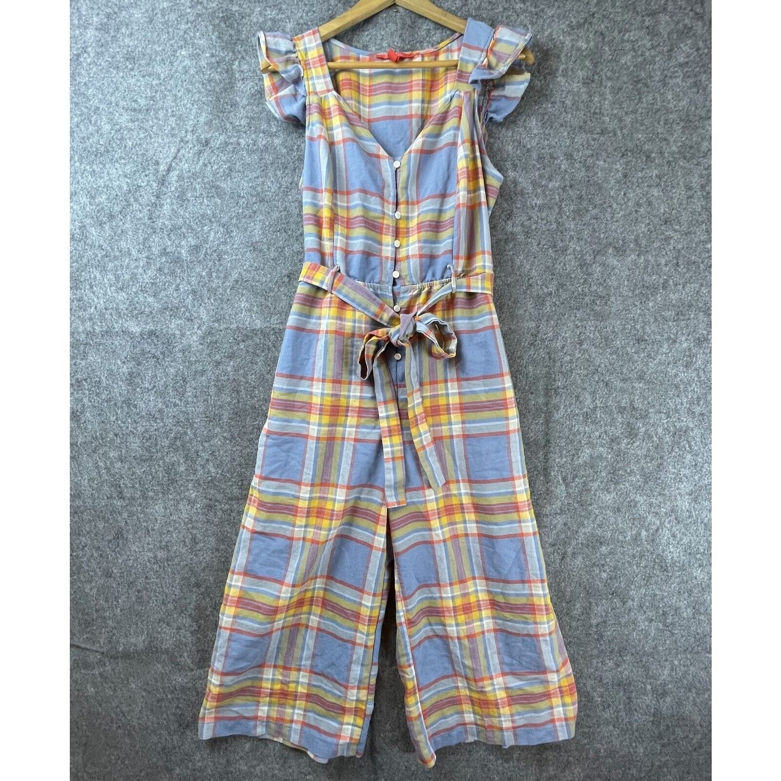 Chelsea & Violet Jumpsuit Womens XL Pastel Plaid Ruffle Wide Leg 70s Retro