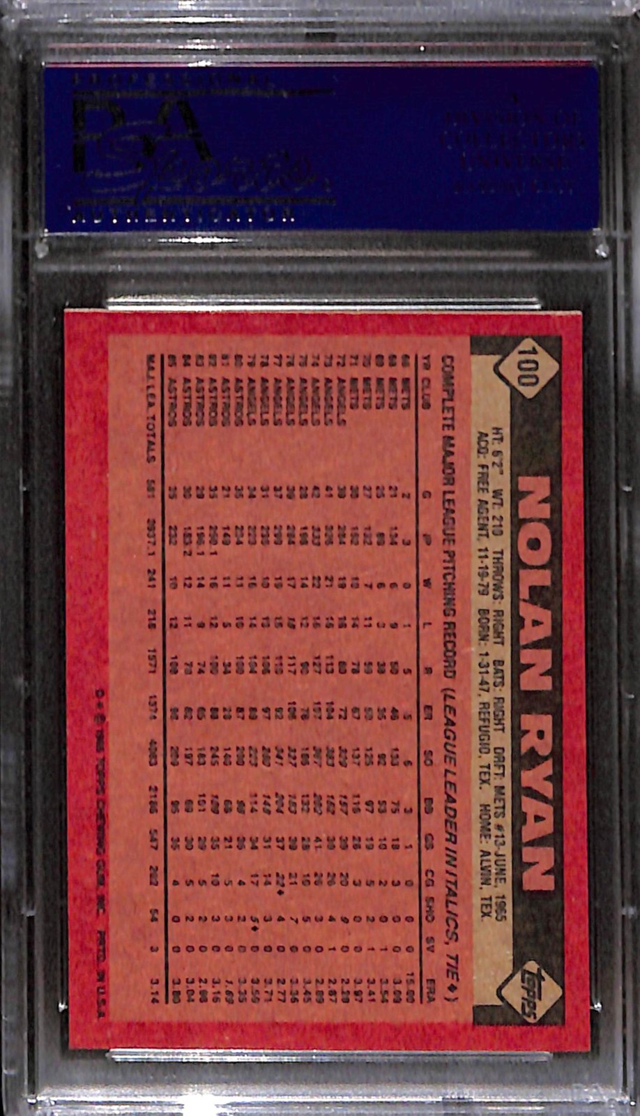1986 TOPPS #100 NOLAN RYAN PSA 9 Mint 21997567  view 2