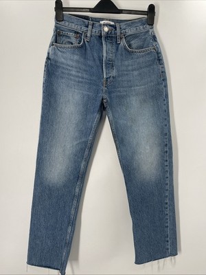 RE / DONE Women's High Rise Stove Pipe Medium Vain Blue Raw Hem Jeans Size 26