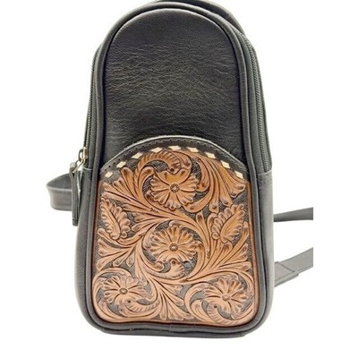 Ohlay Black Leather Tooled Sling Backpack Tooled Western Style Adjustable Strap
