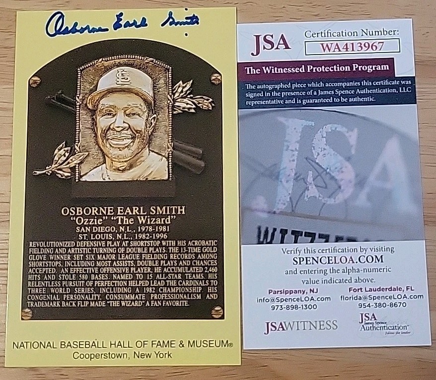 Ozzie Smith Autographed Signed HOF Plaque Postcard Yellow RARE FULL NAME JSA 