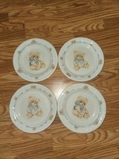 Teddy Bear Ceramic Dinner Plates Set of 4 Kids White Beige Blue Animal Theme